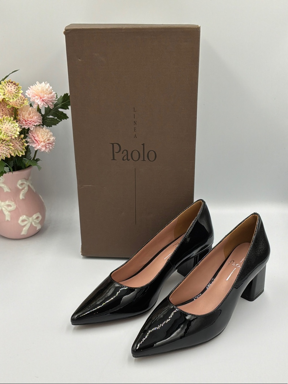 Paolo Black Patent Leather Pointed Block Heel Pumps
